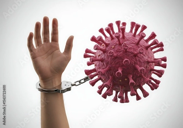 Obraz Hand in handcuffs attached to a virus cell representing pandemic restrictions