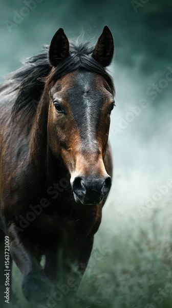 Obraz Majestic black horse emerging from mist in a serene natural setting during early morning light
