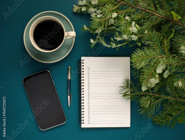 Fototapeta Festive Workspace With Coffee Phone And Blank Checklist Notebook On Green Background. Holiday Desk Flatlay