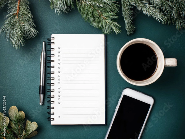 Fototapeta Evergreen Office Scene With Coffee Phone And Completed Checklist Notebook Overhead. Holiday Desk Flatlay