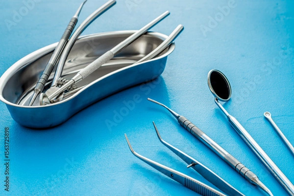 Obraz Dental instruments in stainless steel tray on blue background close up copy space