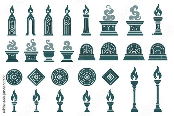 Fototapeta Set of teal torch and emblem icons with fantasy design elements
