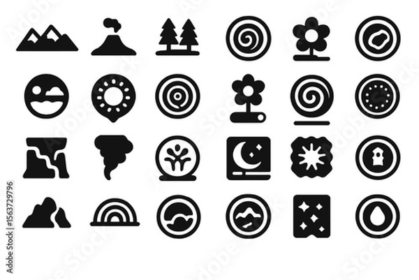 Fototapeta Minimalist black icon set with landforms, flora, weather, and symbols