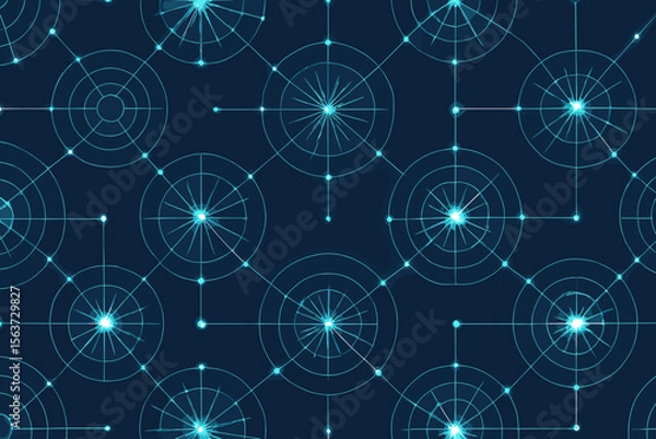 Fototapeta Seamless digital network pattern with glowing concentric hubs and lines