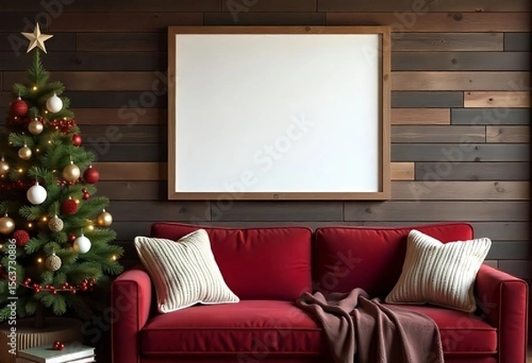 Obraz A cozy living room a large blank frame on a rustic wooden wall. A Christmas tree with vintage ornaments stands next to a black red sofa knitted pillows,mockup frame is decorated with natural elements 
