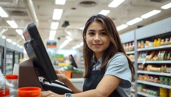 Fototapeta Woman working at a checkout counter in a grocery store, interacting with a customer during a payment process, showcasing service and modern retail environment