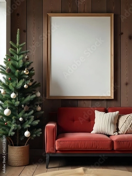 Obraz A cozy living room a large blank frame on a rustic wooden wall. A Christmas tree with vintage ornaments stands next to a black red sofa knitted pillows,mockup frame is decorated with natural elements 