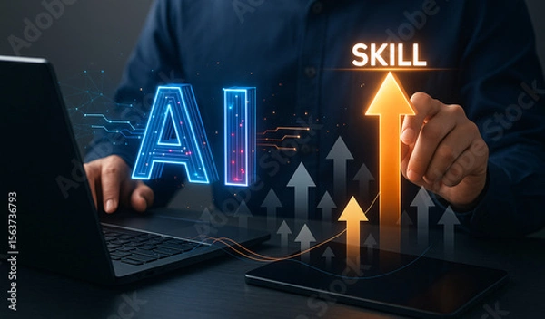 Fototapeta Artificial intelligence and digital skill development concept, person interacting with AI system to enhance professional ability, futuristic learning and technology upskilling interface.