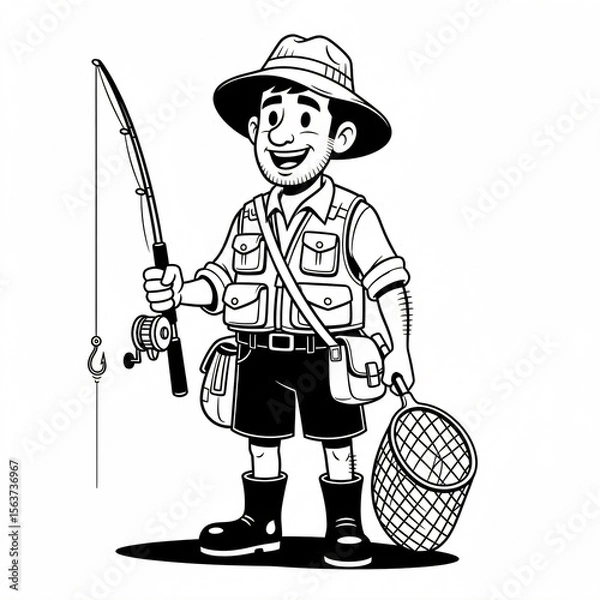 Fototapeta Cartoon illustration of a fisherman with a rod and net, wearing a hat and vest.