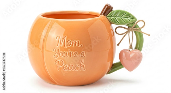 Fototapeta Ceramic mug shaped like a peach with the text Mom, You're a Peach and a decorated handle.