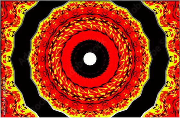 Fototapeta A vibrant radial pattern features concentric circles in fiery shades of red, yellow, and black, creating a dynamic and eye-catching design. The bold colors give it a striking and energetic appearance.