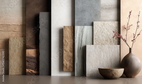 Fototapeta interior material trend 2025, recycled surfaces, eco-texture, soft matte finish, neutral tones 
