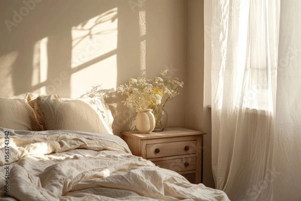 Obraz Modern Bedroom with Linen Bedding and Wooden Nightstand – Sunlight, Soft Pillows, and Warm Minimalist Style