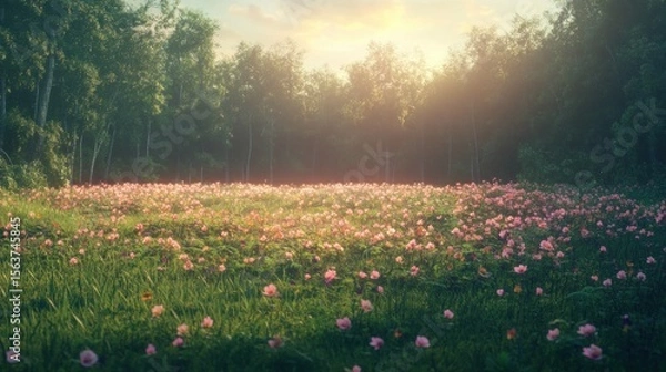 Fototapeta Cinematic Scene of Vast Meadow with Soft Grass and Flowers, Surrounded by Forest
