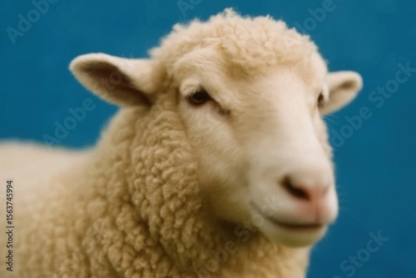 Fototapeta A close up of a sheep with a blue background