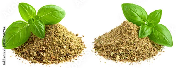 Obraz  Isolated Pile of Dried Oregano Powder with Fresh Leaf, isolated on transparent background PNG