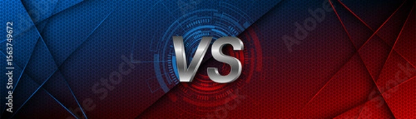 Fototapeta Versus between red and blue on dark background. Background concept for gaming and other competitions with empty space for design. Letter VS for a two-team match.	