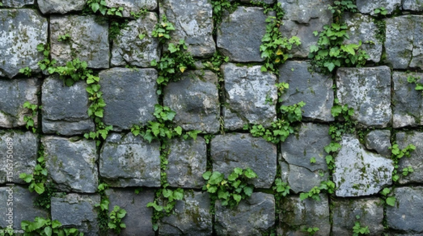 Obraz Stone wall texture with green plants growing between the stones.  Perfect for background or design projects.