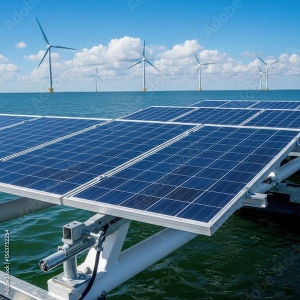 Fototapeta Floating solar panels and wind turbines renewable energy innovation tech