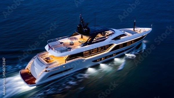 Fototapeta Luxury yacht sailing at night aerial view of superyacht on ocean for sale or charter