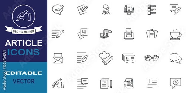 Fototapeta Article icon set. Included icons as relative article writing, internet content editing, author, blog, storytelling, article and more outline symbol. Vector illustration.