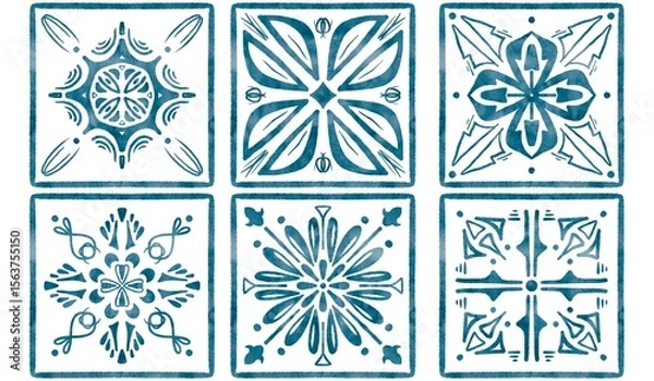 Obraz six tiles with blue watercolor patterns