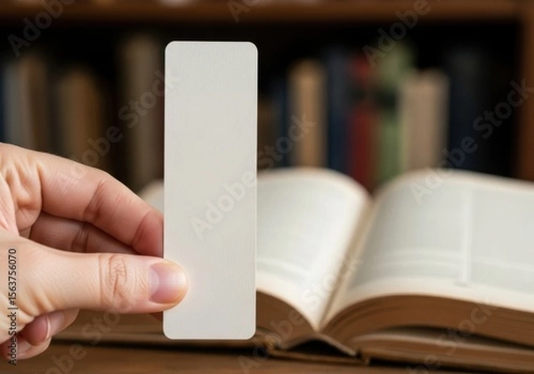 Fototapeta Blank bookmark mockup held over open book for branding and promotion use