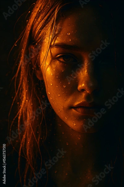 Obraz This striking close-up features a young woman's rain-soaked face illuminated by warm light, capturing a thoughtful and emotional moment filled with beauty and intensity.