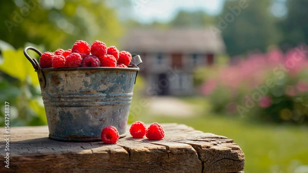 Obraz Summer garden harvest. Juicy raspberries in a metal bucket on a rustic table.