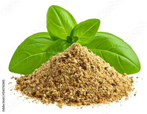 Obraz  Isolated Pile of Dried Oregano Powder with Fresh Leaf, isolated on transparent background PNG