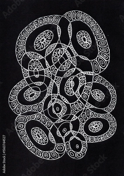 Fototapeta This is an abstract black and white composition made with thin white lines on a black background. The basis of the drawing is intertwined oval and round shapes, with repeating patterns inside. 