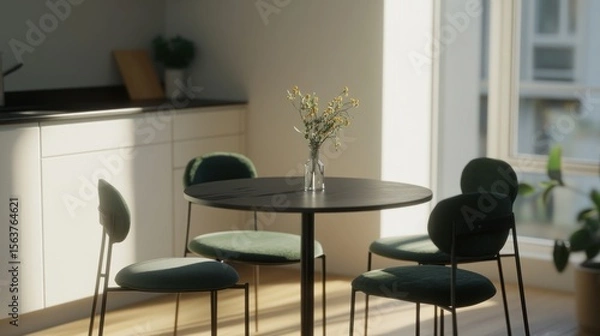 Fototapeta A modern kitchen diner area with a round table and dark green chairs.