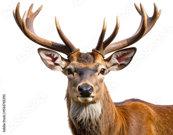 Obraz  Majestic Brown Deer Head Front View with Large Antlers, isolated on transparent background PNG
