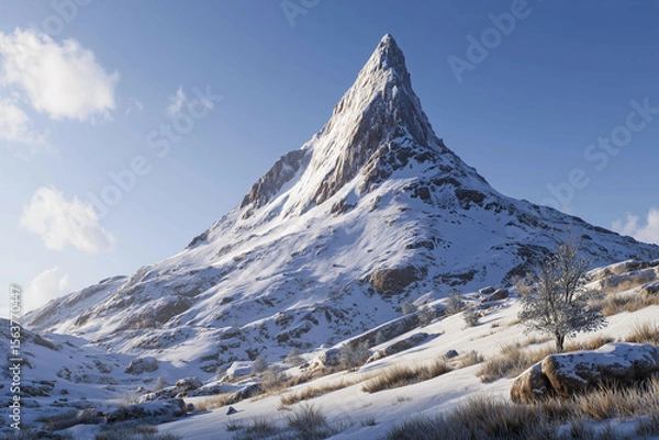 Fototapeta a mountain range with a river running through it and snow capped mountains in the background, with a blue sky