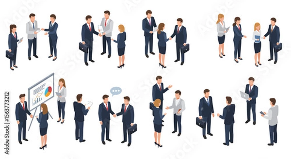 Fototapeta Isometric illustration of diverse businesspeople collaborating, shaking hands, and presenting data during a series of productive meetings and presentations, showcasing teamwork and communication
