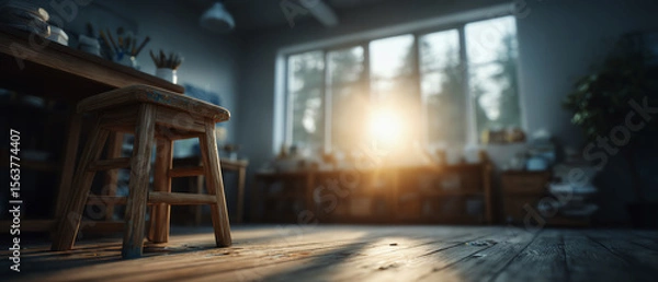 Obraz Sunlight school art room with wooden stool, creative workspace warm atmosphere morning light peaceful and inspiring.