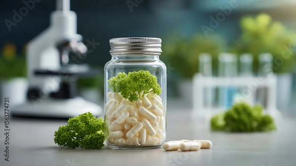 Obraz Glass jar with white capsules green herb laboratory background microscope test tube supplement health science clean fresh