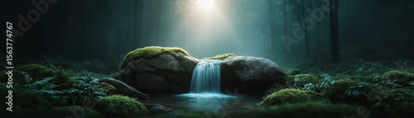 Obraz Sunbeams hitting mossy rocks at tranquil forest waterfall lush greenery serene atmosphere peaceful nature soft light