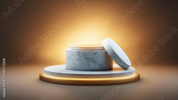 Obraz White marble pedestal glowing with warm light round stage luxury cosmetic container