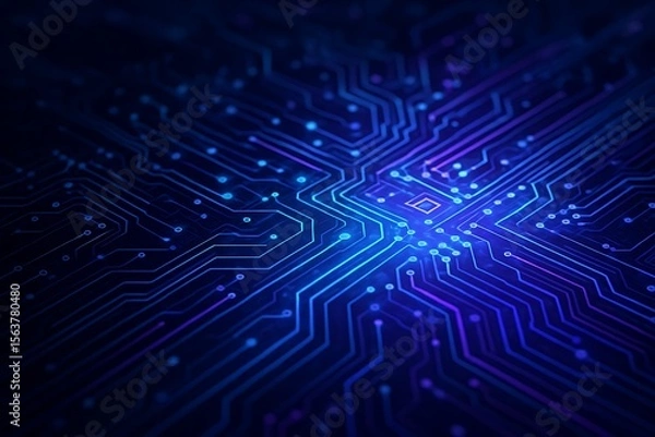 Fototapeta Abstract glowing blue and purple circuit board pattern with intricate pathways and nodes
