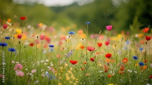 Fototapeta A vibrant field of colorful wildflowers blooming in a green meadow