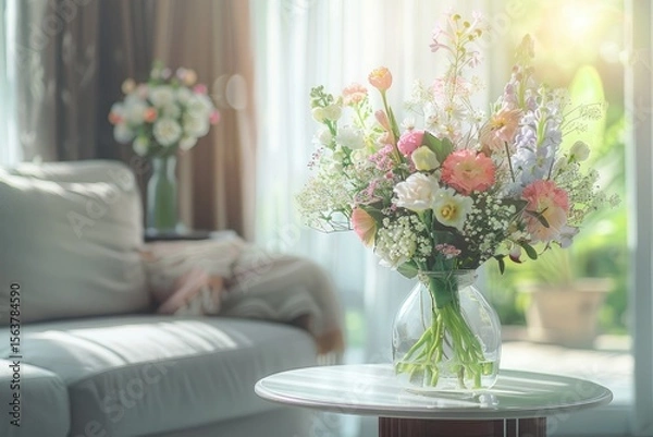 Obraz Spring Flowers Bouquet in Vase on Table in Living Room with Morning Sun Ligh