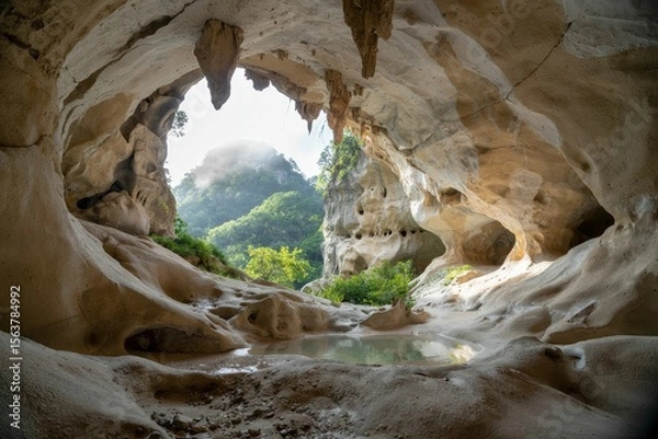 Obraz A photograph of a wide, cavernous opening in a limestone cliff face, revealing a stunning interior view