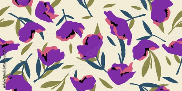 Fototapeta Exotic hand drawn flowers, seamless patterns with floral for fabric, cover, banner, home decor, textiles, clothing, wrapping paper, abstract backgrounds. Vector illustration.