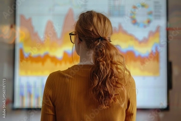 Obraz High Definition Picture of a Woman Stands in Front of a Chart Showing a Graph of a Graph