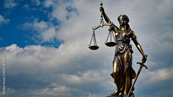Fototapeta Statue of Themis, the goddess of justice, depicted with scales and a sword against a picturesque sky. Symbol of justice, law and impartiality.