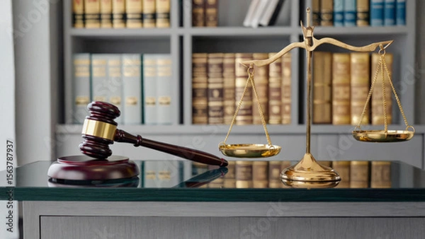 Fototapeta Judge's gavel and golden scales of justice against a shelf of legal books - a symbol of justice and law.