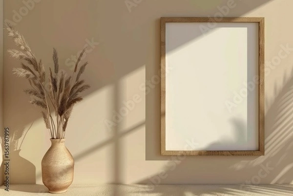 Obraz High Resolution Visual of Blank Picture Frame on Beige Wall 3D Render Mock Up