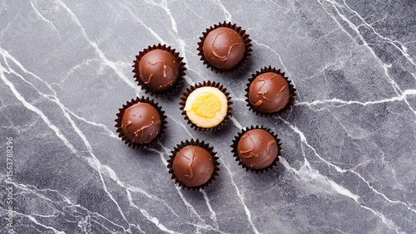 Obraz World Chocolate Day celebration. Assorted chocolate treats on a dark background. Sweetness, indulgence, and dessert temptation.