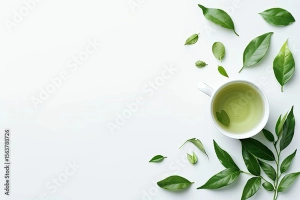 Obraz Warm and Healthy Green Tea on a White Background Flat Lay Photography of Natural Leaves in a Cup